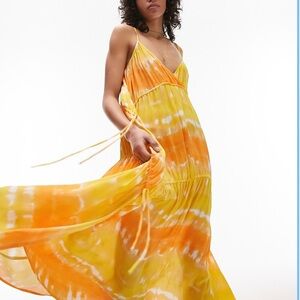 Topshop ruched tie side maxi beach dress in orange and yellow